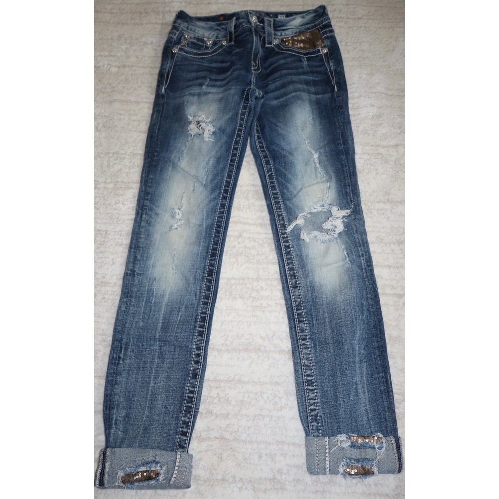 Miss Me Signature Rise Cuffed Skinny Jeans Distressed Sequin Blue Size 27